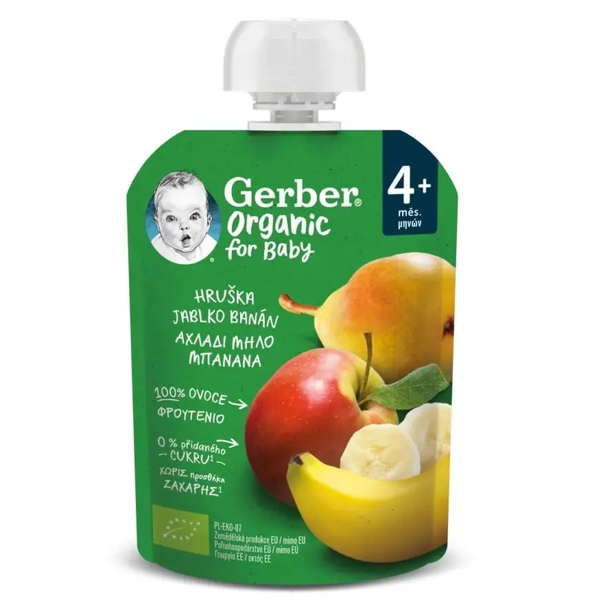 GERBER ORGΑNIC ΦΡΟΥΤΟΠΟΥΡΕΣ ΑΧΛΑΔΙ, ΜΗΛΟ, ΜΠΑΝΑΝΑ 90g