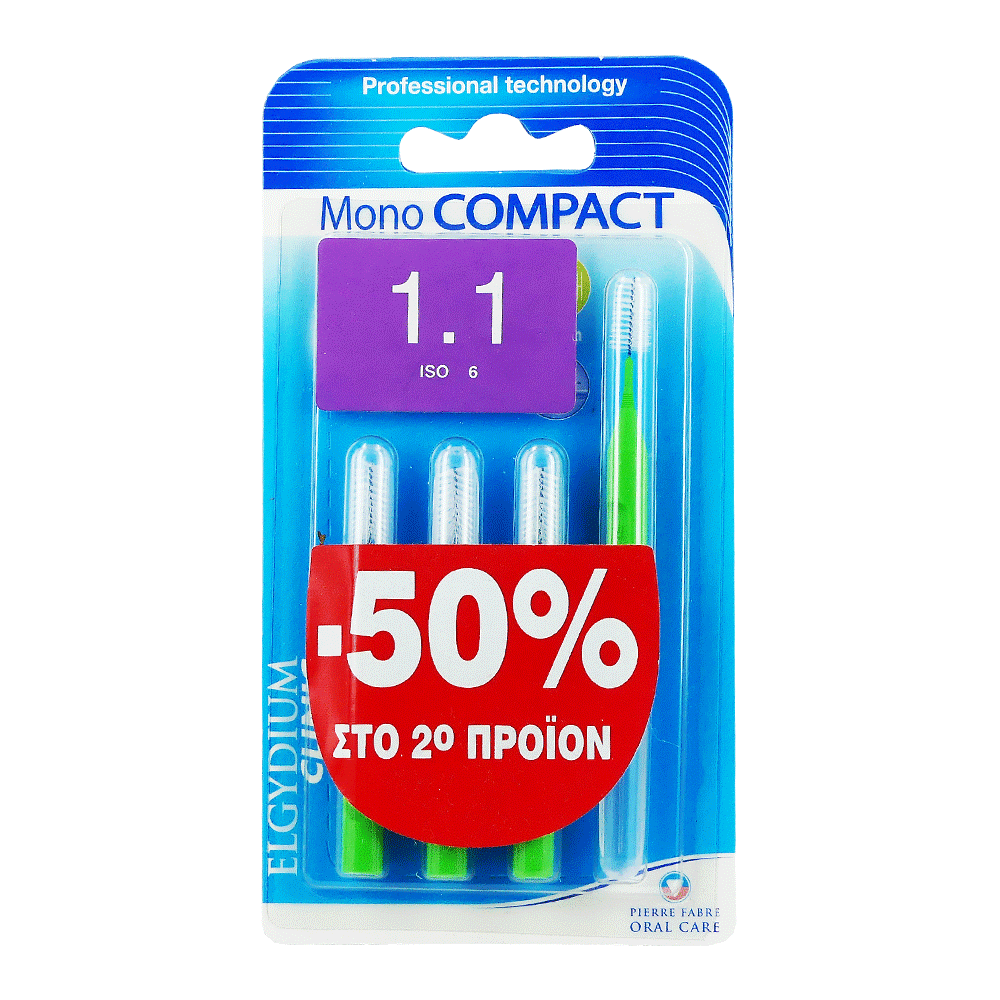 Elgydium Mono Compact Μεσοδόντια Βουρτσάκια 1.1mm Πράσινα 2x4τμχ