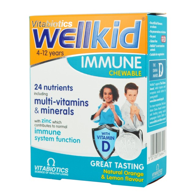 Vitabiotics Wellkid Immune Συμπλήρωμα για την Ενίσχυση του Ανοσοποιητικού 30 μασώμενες ταμπλέτες Πορτοκάλι Λεμόνι